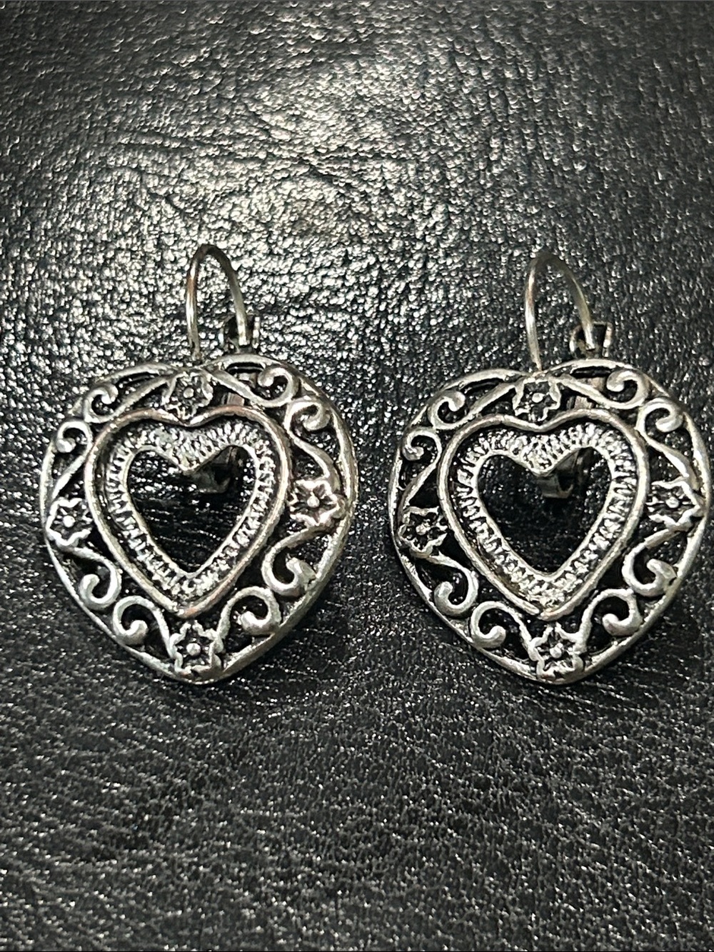 Brighton Reno Silver Heart Filigree Dangle Earrings with Open Center